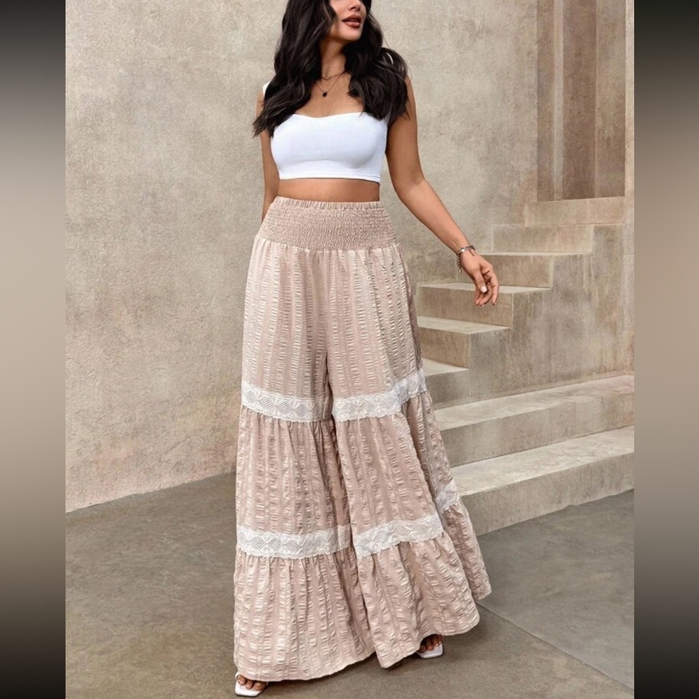 Elegant Beige Textured  Maxi Skirt with Lace Trim